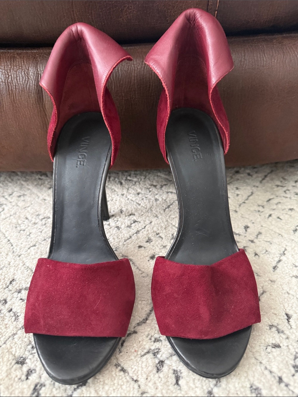 Vince Burgundy Suede Open-Toe Heels